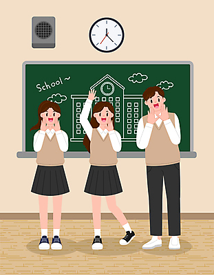 전신 학생 여자 남자 교복 시계 일러스트 교실 학교 청소년 말하기 세명 친구 손들기 칠판 스피커 외침 낙서 예방 손모으기 구름모양 예방교육 학교폭력 십대만 국내일러스트 AI파일 모양 옷 교육 음향기기 관계 모션 사람 손짓 소리 폭력 파일형식 벡터 구름_자연