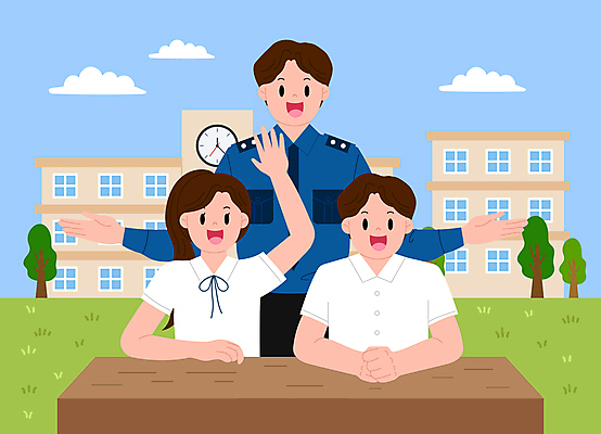 나무 구름 학생 여자 남자 교복 일러스트 학교 청소년 팔벌리기 미소 초원 성인 세명 친구 손들기 경찰 예방 경찰복 손모으기 나무책상 예방교육 학교폭력 국내일러스트 AI파일 자연요소 식물 직업 옷 교육 유니폼 관계 모션 표정 사람 손짓 목재 폭력 책상 파일형식 벡터