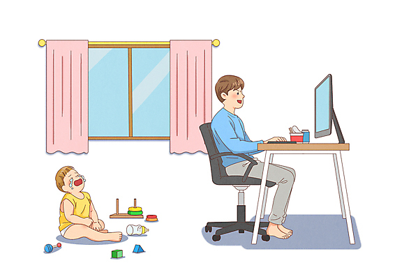 전신 PSD 남자 어린이 일러스트 창문 앉기 소년 성인 두명 장난감 모니터 게임 커튼 젖병 울음 아동학대 배고픔 집중 방치 컵라면 부자지간 남자만 국내일러스트 아들 컨셉 가족 모션 놀이 표정 사람 컴퓨터 아기용품 라면 아빠 학대 파일형식