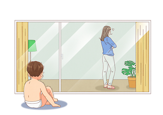 전신 PSD 여자 남자 화분 아들 어린이 일러스트 창문 엄마 소년 성인 두명 추위 등돌리기 발코니 스탠드 커튼 누드 아동학대 웅크림 떨림 방치 아동유기 국내일러스트 가족 모션 조명 사람 학대 아동범죄 파일형식