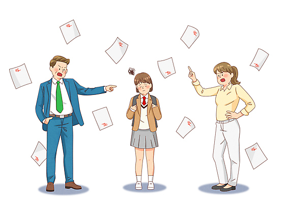 전신 PSD 학생 여자 남자 딸 교복 허리손 일러스트 청소년 엄마 날리기 성인 세명 부모 가리킴 찡그림 아빠 아동학대 주머니손 성적 시험지 가정폭력 삿대질 국내일러스트 옷 교육 포즈 가족 모션 표정 사람 손짓 폭력 학대 파일형식