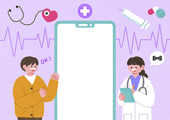 PSD 라이프스타일 여자 남자 말풍선 일러스트 모바일 프레임 병원 주사기 들기 상반신 성인 두명 라이프 스마트폰 운동 알약 주먹 아령 진료 의사 하트 기록 맥박 연보라색 원격의료 성인만 카피스페이스 국내일러스트 모양 의학 의료기기 모션 건강 사람 생활 핸드폰 스마트기기 약 보라색 공백 의료진 원격 파일형식