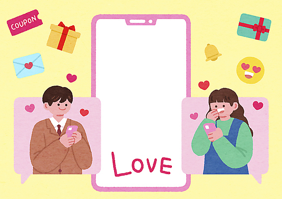 PSD 라이프스타일 커플 여자 남자 말풍선 일러스트 모바일 프레임 표정 사랑 상반신 성인 두명 라이프 선물상자 스마트폰 하트 편지 전달 쿠폰 이모티콘 알림종 성인만 카피스페이스 연노랑색 국내일러스트 모양 감정 관계 선물 사람 생활 핸드폰 스마트기기 상자 노란색 공백 파일형식