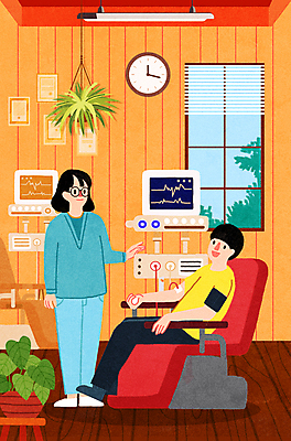 전신 PSD 여자 남자 화분 시계 의자 일러스트 창문 의료기기 앉기 성인 두명 간호사 심전도모니터 혈액채취 성인만 헌혈의집 국내일러스트 가구 의학 모션 사람 의료진 헌혈 파일형식