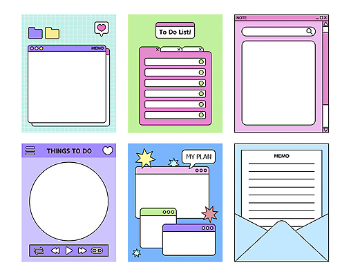 디자인 인터넷 일러스트 사람없음 세트 다이어리 메모지 편지지 폴더 스케쥴러 인터넷창 체크리스트 플래너 카피스페이스 아기자기 투두리스트 국내일러스트 AI파일 컨셉 사무용품 공백 편지 파일 리스트 파일형식 벡터