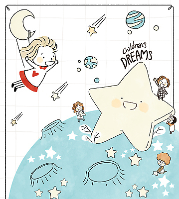 전신 PSD 여자 남자 별 어린이 일러스트 들기 소녀 소년 여러명 손들기 우주 희망 만세 행성 달 비행 초승달 유성 즐거움 달나라 어린이만 국내일러스트 자연요소 감정 다수 모션 사람 파일형식