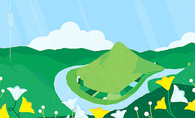 구름 꽃 밭 일러스트 자연 하늘 산 논 풍경 사람없음 봄풍경 봄 강원도 영월 동강 국내일러스트 AI파일 자연요소 식물 계절 농업 한국 강 생태계 파일형식 벡터