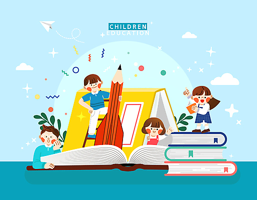 전신 여자 어린이교육 교육 남자 어린이 엎드리기 일러스트 서기 소녀 소년 여러명 상반신 책 파란색 반짝임 연필 손들기 턱괴기 로켓 가리킴 잡기 풀잎 종이비행기 손인사 밟기 구름모양 어린이만 국내일러스트 AI파일 모양 컬러 다수 잎 모션 학용품 사람 손짓 필기구 인사 풀_식물 종이접기 파일형식 벡터 구름_자연