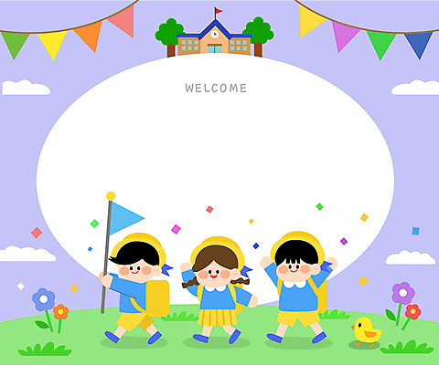 전신 나무 구름 여자 남자 꽃 어린이 일러스트 학교 프레임 병아리 들기 소녀 소년 세명 손들기 유치원 유치원생 만세 깃발 풀 입학 꽃가루 유치원복 연보라색 가랜드 웰컴 어린이만 카피스페이스 국내일러스트 AI파일 자연요소 식물 옷 교육 모션 조류 사람 보라색 공백 가루 파티용품 파일형식 벡터