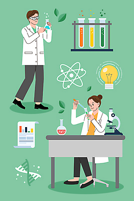전신 응시 여자 남자 과학 일러스트 전구 현미경 실험 들기 성인 두명 초록색 DNA 연구원 스포이트 과학자 책상 시험관 비커 삼각플라스크 바이오 성인만 국내일러스트 AI파일 직업 시선 컬러 가구 모션 실험기구 사람 생명공학 플라스크 피펫 학자 파일형식 벡터