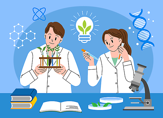 응시 여자 남자 과학 생각 일러스트 전구 현미경 실험 들기 상반신 성인 두명 책 파란색 새싹 관찰 연구실 실험실 확대 DNA 연구원 스포이트 과학자 시험관 비커 바이오 샬레 성인만 국내일러스트 AI파일 식물 직업 시선 컬러 모션 실험기구 사람 생명공학 피펫 학자 파일형식 벡터
