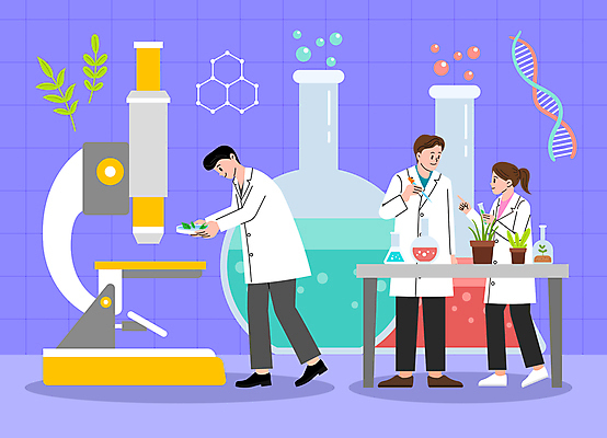 전신 여자 남자 화분 과학 일러스트 현미경 실험기구 실험 들기 성인 세명 보라색 실험복 DNA 연구원 과학자 책상 플라스크 바이오 성인만 국내일러스트 AI파일 직업 컬러 가구 모션 사람 가운 생명공학 학자 파일형식 벡터