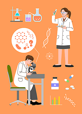 전신 여자 남자 일러스트 그래프 세포 현미경 실험기구 실험 들기 앉기 성인 두명 주황색 관찰 실험복 약병 DNA 생명공학 연구원 과학자 비커 바이오 성인만 국내일러스트 AI파일 직업 컬러 과학 의학 모션 사람 약 가운 학자 병_담는 파일형식 벡터