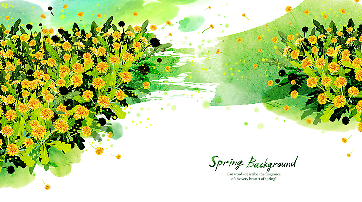 PSD 백그라운드 일러스트 수채화 사람없음 연두색 노란색 봄풍경 민들레 봄향기 봄배경 국내일러스트 꽃 컬러 풍경 초록색 봄 파일형식