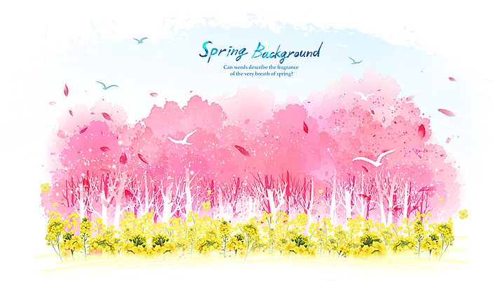PSD 분홍색 백그라운드 일러스트 조류 수채화 사람없음 노란색 봄풍경 벚꽃 개화 벚나무 유채 새떼 봄향기 봄배경 국내일러스트 나무 동물 꽃 컬러 풍경 봄 파일형식