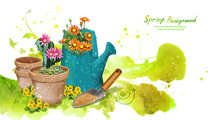 PSD 화분 백그라운드 일러스트 봄꽃 수채화 사람없음 초록색 흙 봄풍경 물뿌리개 모종삽 원예 봄향기 화분갈이 봄배경 국내일러스트 꽃 컬러 풍경 취미 봄 삽 파일형식