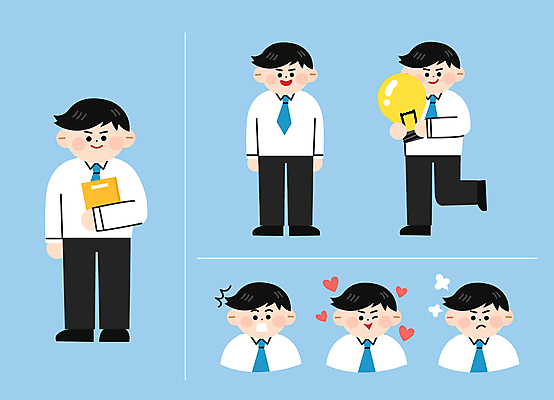 전신 남자 감정 하늘색 일러스트 비즈니스 전구 아이디어 서기 미소 웃음 들기 정장 여러명 상반신 성인 놀람 분노 하트 직장인 비즈니스캐릭터 문서 당황 서류파일 애교 성인남자만 월간캐릭터 일러캐릭터 AI파일 모양 직업 캐릭터 옷 다수 컨셉 모션 표정 사람 파란색 사무용품 남자만 성인만 파일형식 벡터