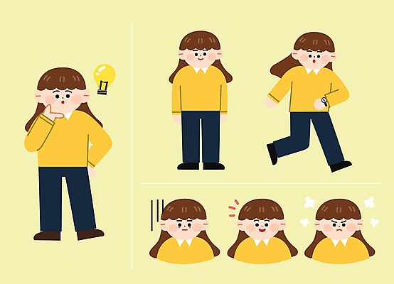 전신 응시 여자 감정 시계 일러스트 비즈니스 전구 아이디어 피곤 서기 미소 손짓 여러명 상반신 달리기 노란색 분노 직장인 찡그림 좌절 비즈니스캐릭터 월간캐릭터 일러캐릭터 AI파일 직업 캐릭터 시선 컬러 다수 컨셉 모션 표정 사람 파일형식 벡터