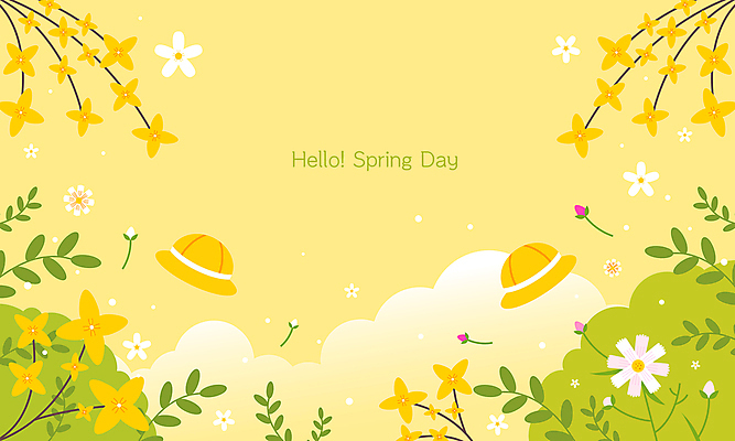 구름 백그라운드 일러스트 자연 하늘 풍경 사람없음 노란색 풀잎 개나리 꽃봉오리 유치원모자 봄배경 국내일러스트 AI파일 자연요소 모자_잡화 꽃 컬러 잎 봄 풀_식물 생태계 파일형식 벡터