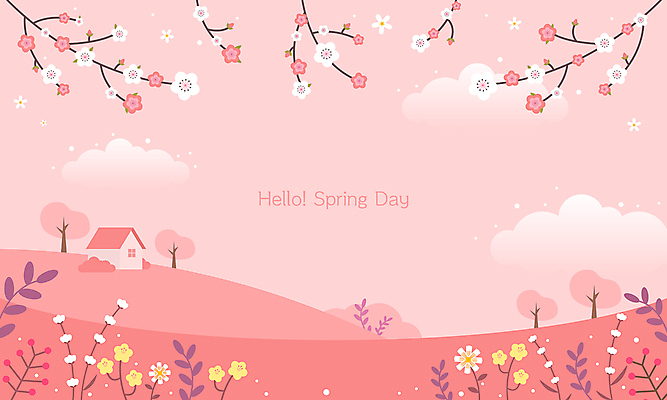 나무 구름 분홍색 백그라운드 일러스트 자연 주택 풍경 초원 사람없음 벚꽃 풀잎 봄배경 국내일러스트 AI파일 자연요소 식물 꽃 컬러 잎 건물 봄 풀_식물 생태계 파일형식 벡터