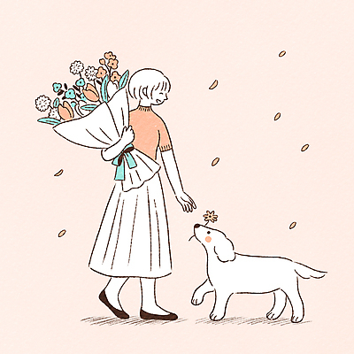 전신 PSD 한마리 여자 꽃잎 행복 반려견 꽃다발 일러스트 사랑 한명 서기 들기 성인 봄 벚꽃 강아지 물기 파스텔톤 성인여자한명만 코랄 국내일러스트 1 계절 꽃 감정 컬러 모션 사람 반려동물 개 여자한명만 성인여자만 파일형식