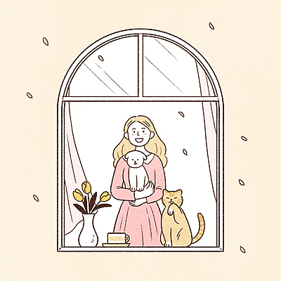 전신 PSD 여자 꽃잎 행복 반려견 두마리 일러스트 창문 안기 잔 사랑 한명 상반신 성인 노란색 꽃병 고양이 봄 벚꽃 커튼 강아지 창가 파스텔톤 성인여자한명만 반려묘 국내일러스트 1 식기 계절 꽃 감정 컬러 2 포유류 모션 사람 반려동물 개 여자한명만 성인여자만 파일형식