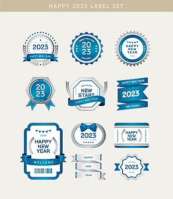 리본 일러스트 사람없음 파란색 세트 라벨 은색 메달 바코드 해피뉴이어 월계관 2023년 국내일러스트 AI파일 컬러 프레임 새해인사 연도 상_상패 파일형식 벡터