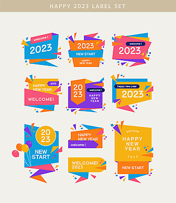 말풍선 일러스트 추상 새해 사람없음 세트 컬러풀 라벨 플랫 삼각형 꽃가루 해피뉴이어 풍선 웰컴 2023년 국내일러스트 AI파일 도형 컬러 무늬 프레임 새해인사 가루 연도 파일형식 벡터