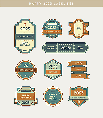 리본 일러스트 사람없음 초록색 세트 갈색 라벨 빈티지 플랫 해피뉴이어 2023년 국내일러스트 AI파일 컬러 컨셉 프레임 새해인사 연도 파일형식 벡터