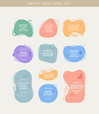 일러스트 추상 사람없음 세트 컬러풀 라벨 해피뉴이어 파스텔톤 2023년 국내일러스트 AI파일 컬러 무늬 프레임 새해인사 연도 파일형식 벡터