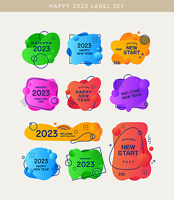 일러스트 추상 사람없음 세트 컬러풀 라벨 해피뉴이어 웰컴 2023년 국내일러스트 AI파일 컬러 무늬 프레임 새해인사 연도 파일형식 벡터