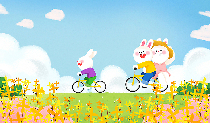 전신 PSD 꽃밭 일러스트 세마리 미소 사람없음 자전거 봄 토끼 잡기 승차 개나리 즐거움 토끼캐릭터 챙모자 흰토끼 국내일러스트 모자_잡화 계절 꽃 감정 동물캐릭터 포유류 모션 표정 3 반려동물 바이크 파일형식