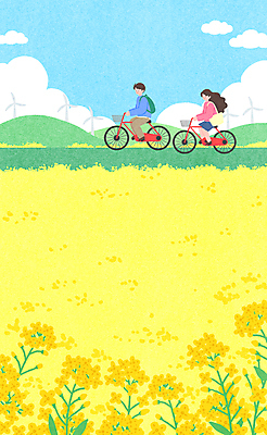 전신 PSD 여자 남자 꽃밭 데이트 일러스트 성인 두명 노란색 자전거 봄 승차 유채 성인만 국내일러스트 계절 꽃 컬러 모션 사람 바이크 파일형식