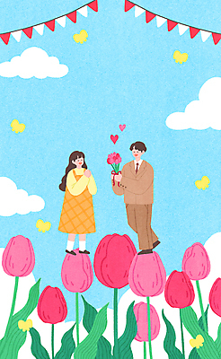 전신 PSD 커플 여자 남자 꽃다발 프로포즈 데이트 일러스트 들기 성인 두명 봄 튤립 주기 성인만 국내일러스트 계절 꽃 관계 모션 사람 파일형식
