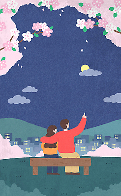 PSD 커플 여자 남자 벤치 데이트 일러스트 밤하늘 앉기 성인 두명 봄 벚꽃 가리킴 남색 성인만 어깨에손 국내일러스트 계절 꽃 컬러 의자 관계 모션 하늘 사람 손짓 야간 파일형식