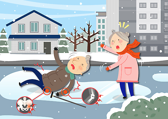 전신 여자 노년 남자 겨울 일러스트 뼈 두명 놀람 빙판 낙상 넘어짐 노후건강 눈내림 노인만 낙상예방 국내일러스트 AI파일 계절 감정 모션 눈_날씨 표정 건강 사람 성인 노후 사건 예방 성인만 파일형식 벡터