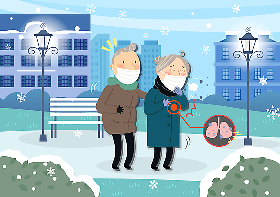 전신 여자 노년 남자 겨울 일러스트 마스크 두명 파란색 걷기 놀람 잡기 폐렴 기침 노후건강 눈내림 노인만 국내일러스트 AI파일 계절 감정 컬러 모션 눈_날씨 표정 건강 사람 성인 노후 질병 성인만 파일형식 벡터