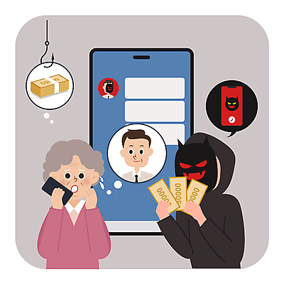 여자 노년 남자 돈 일러스트 들기 성인 세명 스마트폰 속임수 범죄인 걱정 통화 범죄예방 보이스피싱 스미싱 국내일러스트 AI파일 감정 모션 사람 핸드폰 스마트기기 사기 범죄 재산 예방 피싱 파일형식 벡터