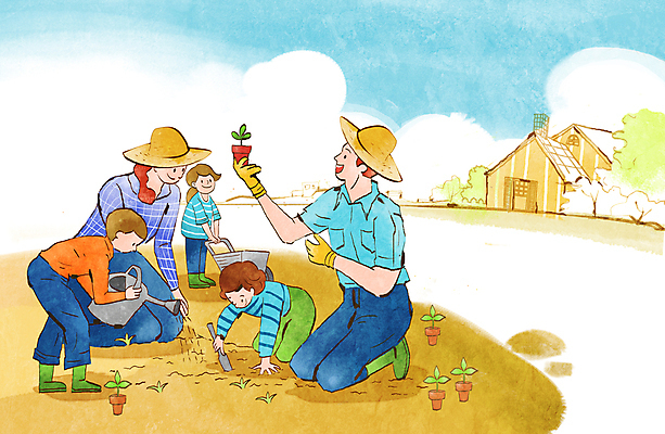 PSD 여자 남자 어린이 일러스트 가족 주택 들기 소녀 소년 여러명 성인 물뿌리개 무릎꿇기 모종삽 모종 물뿌리기 봄맞이 식물심기 국내일러스트 다수 관계 모션 사람 건물 봄 삽 심기 파일형식