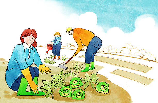 PSD 구름 여자 남자 어린이 일러스트 가족 관리 소년 성인 세명 모종 물뿌리기 봄맞이 삽질 심기 텃밭 국내일러스트 자연요소 밭 관계 모션 사람 봄 파일형식