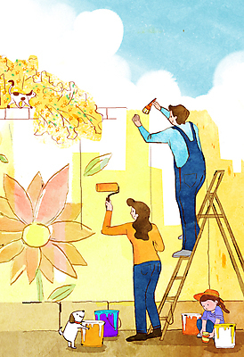 PSD 여자 남자 어린이 두마리 일러스트 사다리 가족 들기 소녀 성인 세명 노란색 고양이 페인트칠 강아지 개나리 벽화 페인트통 페인트붓 페인트롤러 웅크림 봄맞이 국내일러스트 꽃 컬러 2 포유류 관계 모션 페인팅 통 사람 반려동물 페인트 봄 도구 붓 개 그림 파일형식