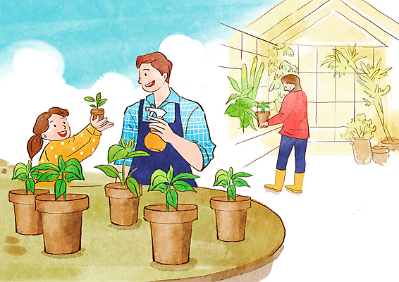 전신 PSD 여자 남자 화분 어린이 일러스트 미소 들기 소녀 상반신 성인 세명 마주보기 분무기 모종 봄맞이 온실 국내일러스트 모션 표정 사람 봄 파일형식