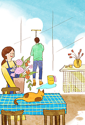 PSD 여자 남자 꽃 화분 가구 일러스트 집안 들기 성인 두명 고양이 닦기 대걸레 대청소 물양동이 봄맞이 성인만 국내일러스트 식물 생활용품 포유류 모션 실내 사람 반려동물 봄 청소도구 청소 양동이 파일형식