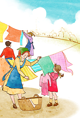 전신 PSD 옷 여자 남자 어린이 일러스트 하늘 들기 소녀 여러명 성인 봄맞이 빨래널기 빨래바구니 국내일러스트 다수 모션 사람 바구니 봄 빨래 파일형식