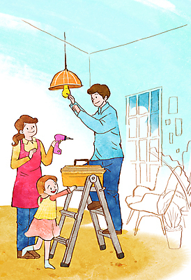 전신 PSD 여자 남자 어린이 일러스트 사다리 가족 집안 전등 조명 들기 소녀 성인 세명 잡기 수리 공구함 드릴 봄맞이 국내일러스트 관계 모션 실내 사람 봄 도구 공구 파일형식