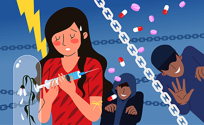 여자 남자 일러스트 들기 상반신 성인 세명 범죄 범죄인 마약 마약중독 마약중독자 성인만 국내일러스트 AI파일 모션 사람 중독 파일형식 벡터