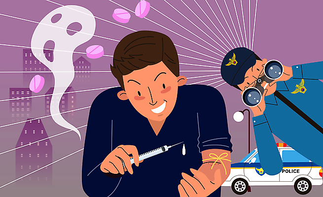 남자 일러스트 들기 상반신 성인 두명 범죄 경찰 감시 마약 마약중독 마약중독자 성인남자만 국내일러스트 AI파일 직업 모션 사람 중독 남자만 성인만 파일형식 벡터