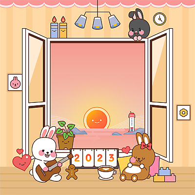 일러스트 새해 프레임 세마리 들기 사람없음 눕기 주황색 달력 기타 토끼띠 메모지 창가 토끼캐릭터 카피스페이스 흑토끼 계묘년 국내일러스트 AI파일 컬러 동물캐릭터 창문 모션 현악기 3 사무용품 공백 십이지신 토끼 파일형식 벡터 2023년