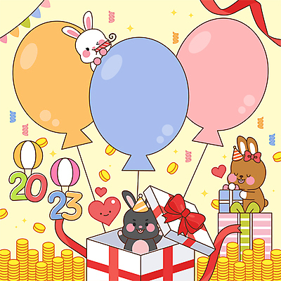 일러스트 새해 프레임 세마리 사람없음 선물상자 파티 만세 토끼띠 메모지 불기 토끼캐릭터 풍선 카피스페이스 연노랑색 흑토끼 계묘년 국내일러스트 AI파일 동물캐릭터 모션 3 선물 이벤트 상자 노란색 사무용품 공백 십이지신 토끼 파일형식 벡터 2023년