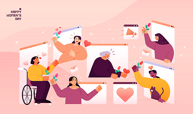 전신 여자 노년 분홍색 인터넷 일러스트 들기 앉기 여러명 상반신 성인 장미 임산부 다양 휠체어 화합 세계여성의날 여자만 국내일러스트 AI파일 기념일 꽃 컬러 다수 모션 사람 임신 파일형식 벡터